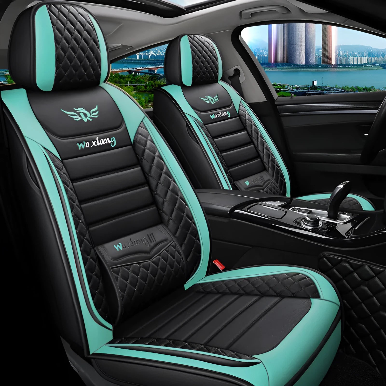 Red leather universal car seat cushion with high elastic sponge filling shown on a car seat.