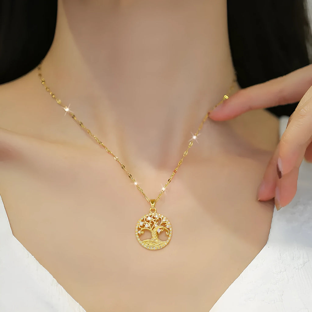 Gold-plated necklace with mother-of-pearl lucky tree pendant and adjustable stainless steel chain