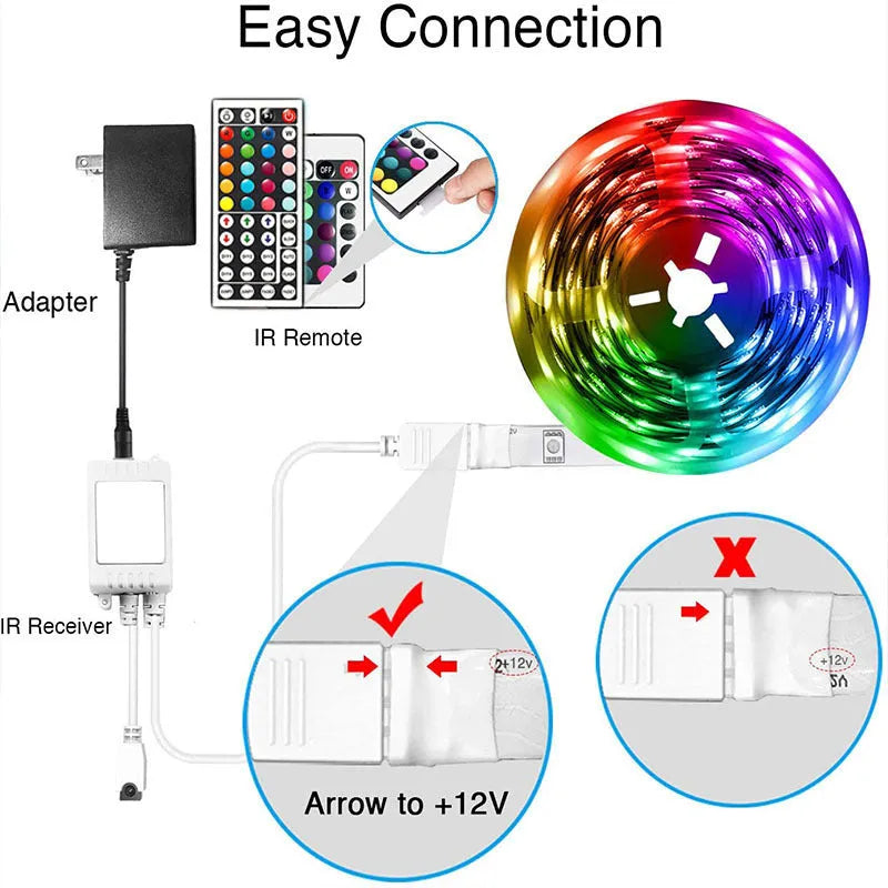 DC 12V Bluetooth LED light strip with 44-key remote controller and power adapter