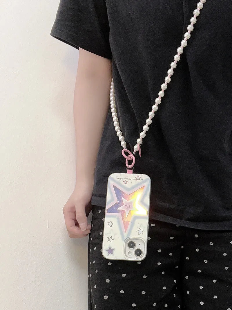 Pink beads pearl spacer love charm crossbody mobile phone lanyard with wristband and clip