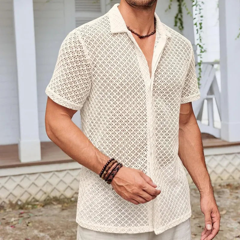 Men's mesh short sleeve lapel shirt in cotton blend polyester fabric