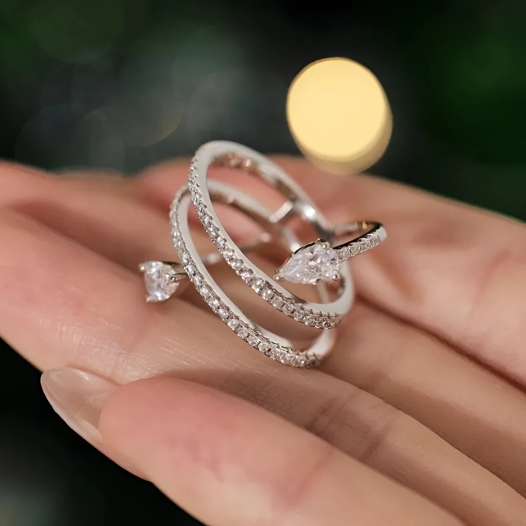 Sterling Silver S925 drop shaped ring white gold colour women