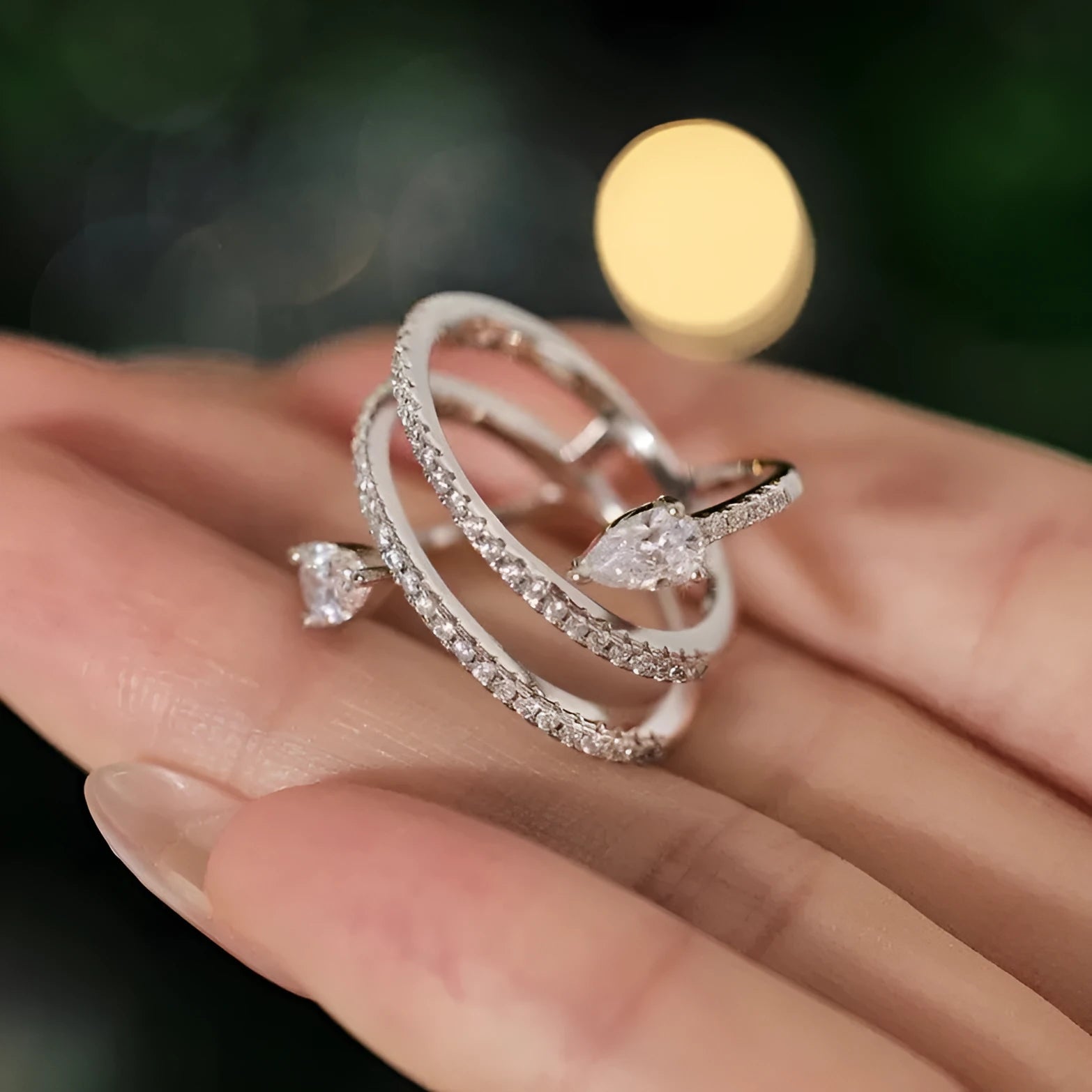 Sterling Silver S925 drop shaped ring white gold colour women