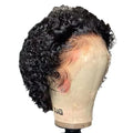 Black human hair pixie wig cover for women on a white background.