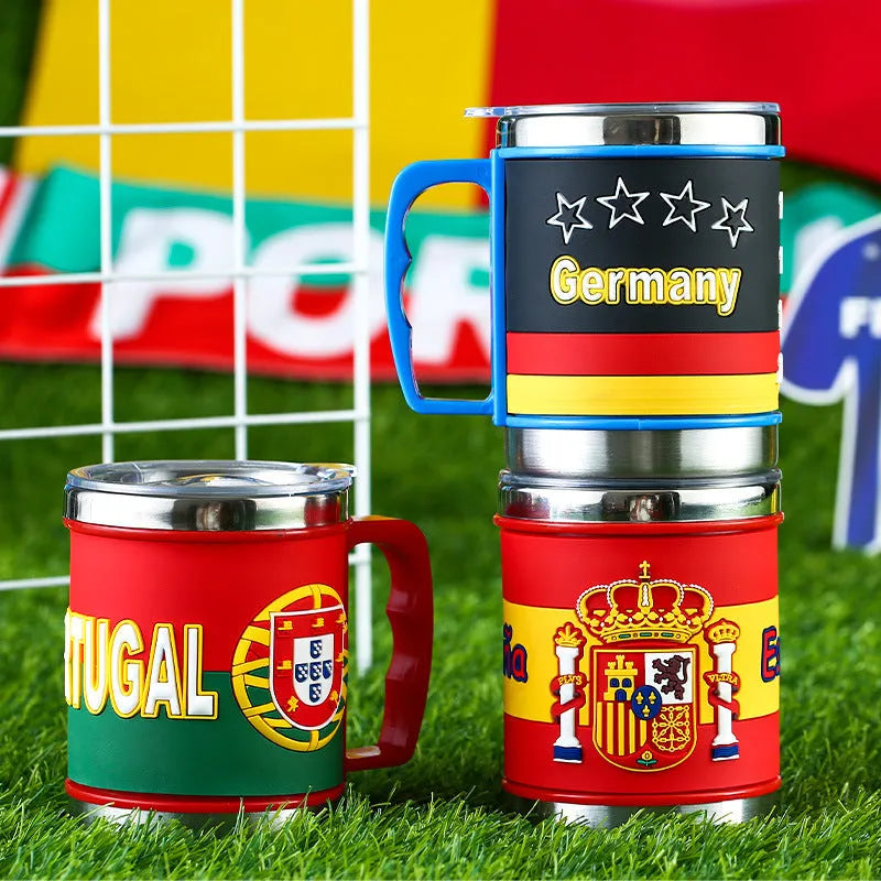 World Cup soccer mug souvenir with rubber metal construction, 7.6cm diameter, showing team colour design