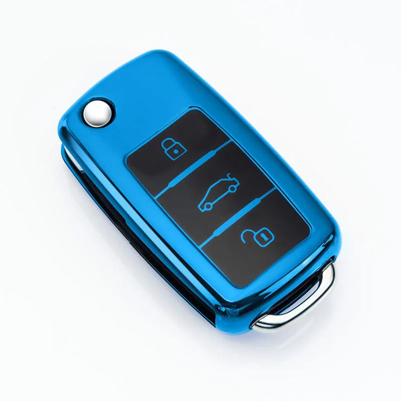 VW Model A car key bag with buckle attachment holding three folding keys in TPU material