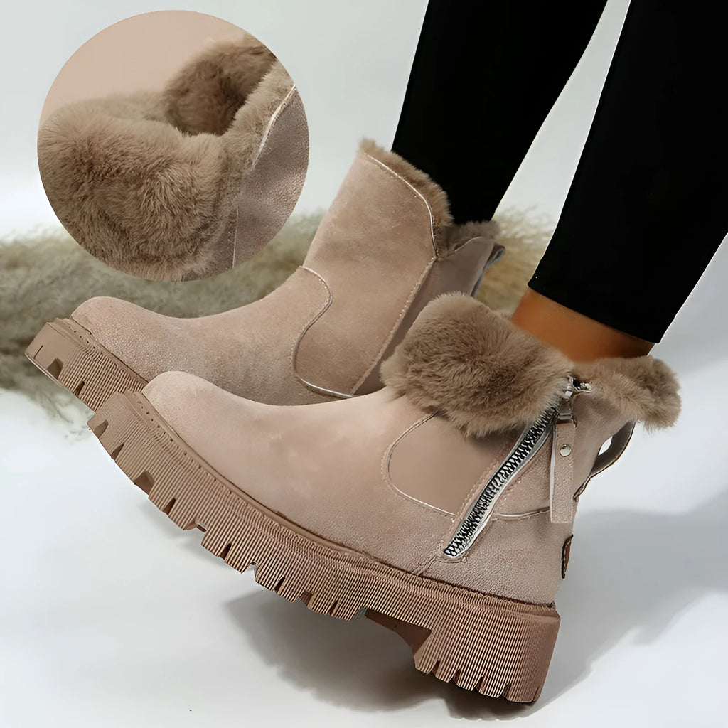 Women's black faux suede snow boots with high top, square heel, and side zipper closure