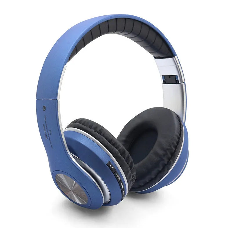 Folding wireless stereo headphones in black with head-mounted design and USB cable
