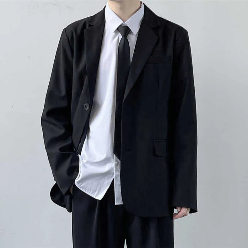 Plus size men's college style suit set with jacket, trousers, white shirt and tie on hanger