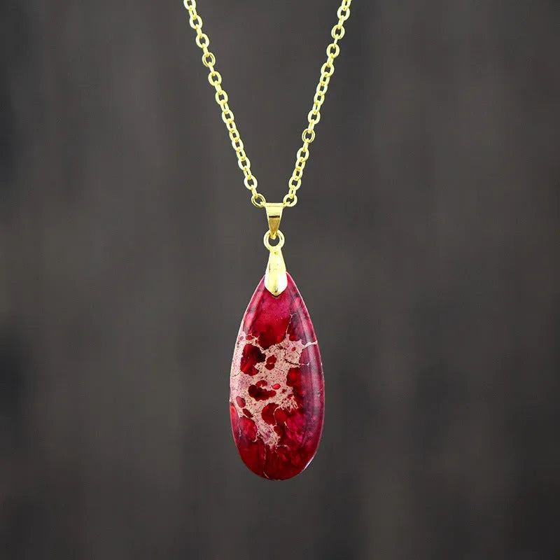 Jade Emperor Stone water drop pendant necklace with gold plated chain in four colour options