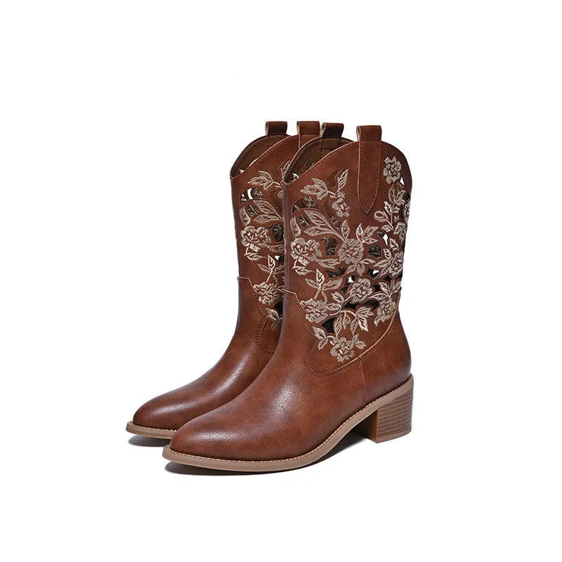 Women's brown chunky heel ankle boots pointed toe hollow-out design mid-calf leather