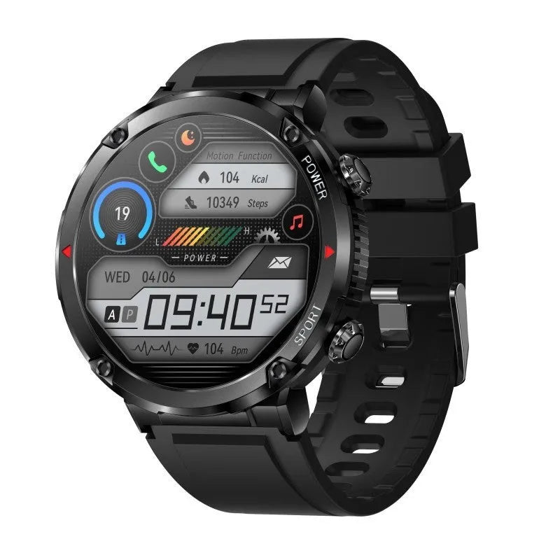 T30 Smart Watch with black silicone strap showing time on circular IPS touch screen