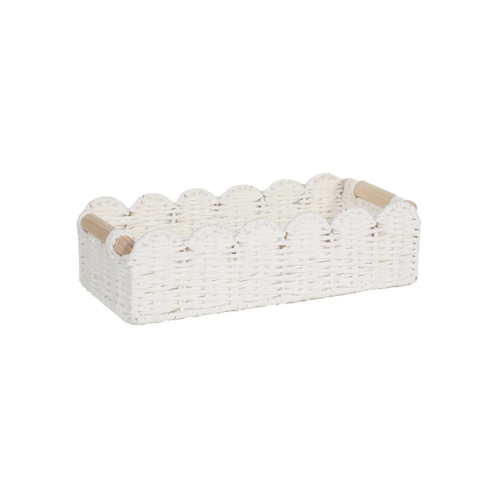 Rectangular woven paper storage basket in a neutral colour on a wooden tabletop.