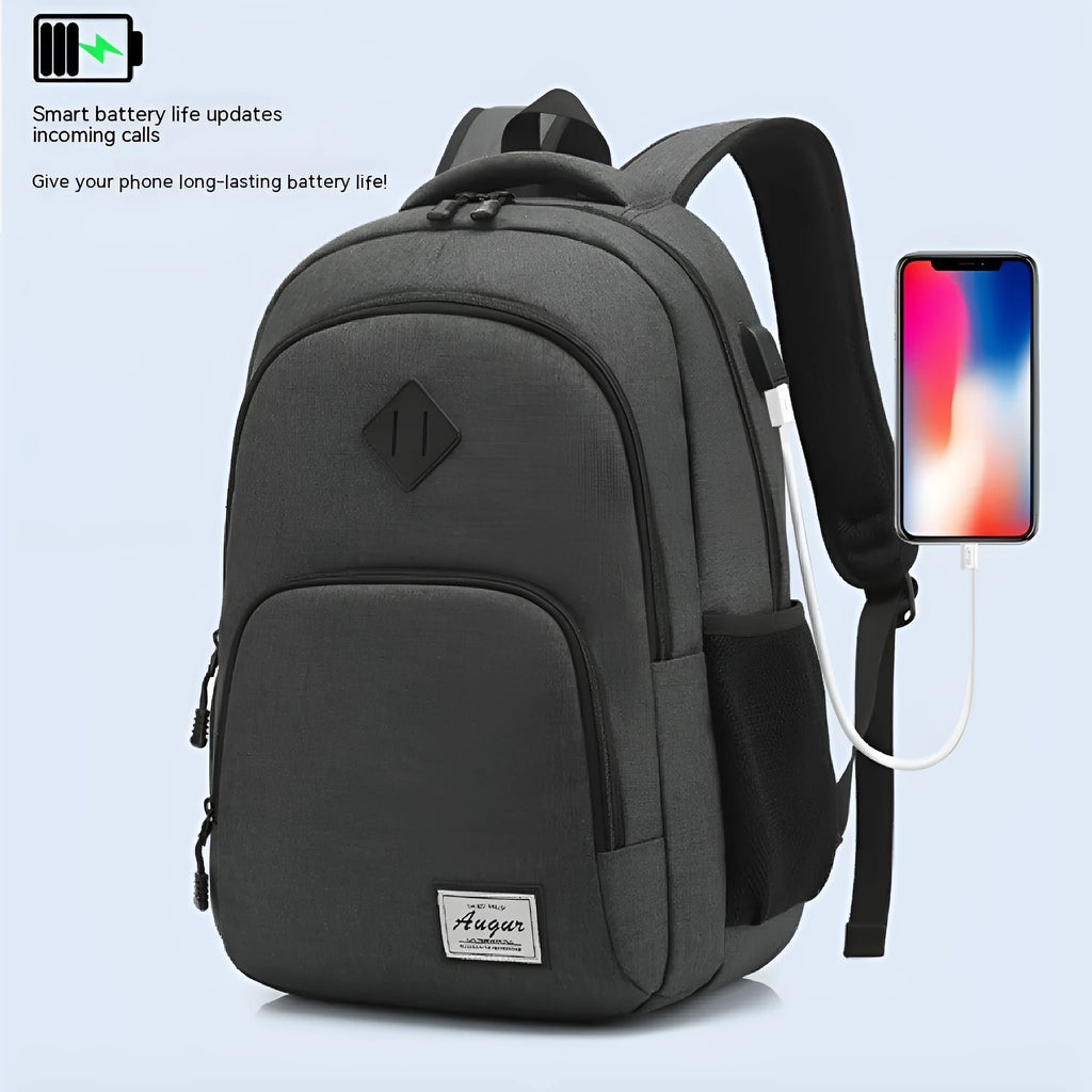 Grey lightweight backpack with USB charging port on strap and trolley sleeve.