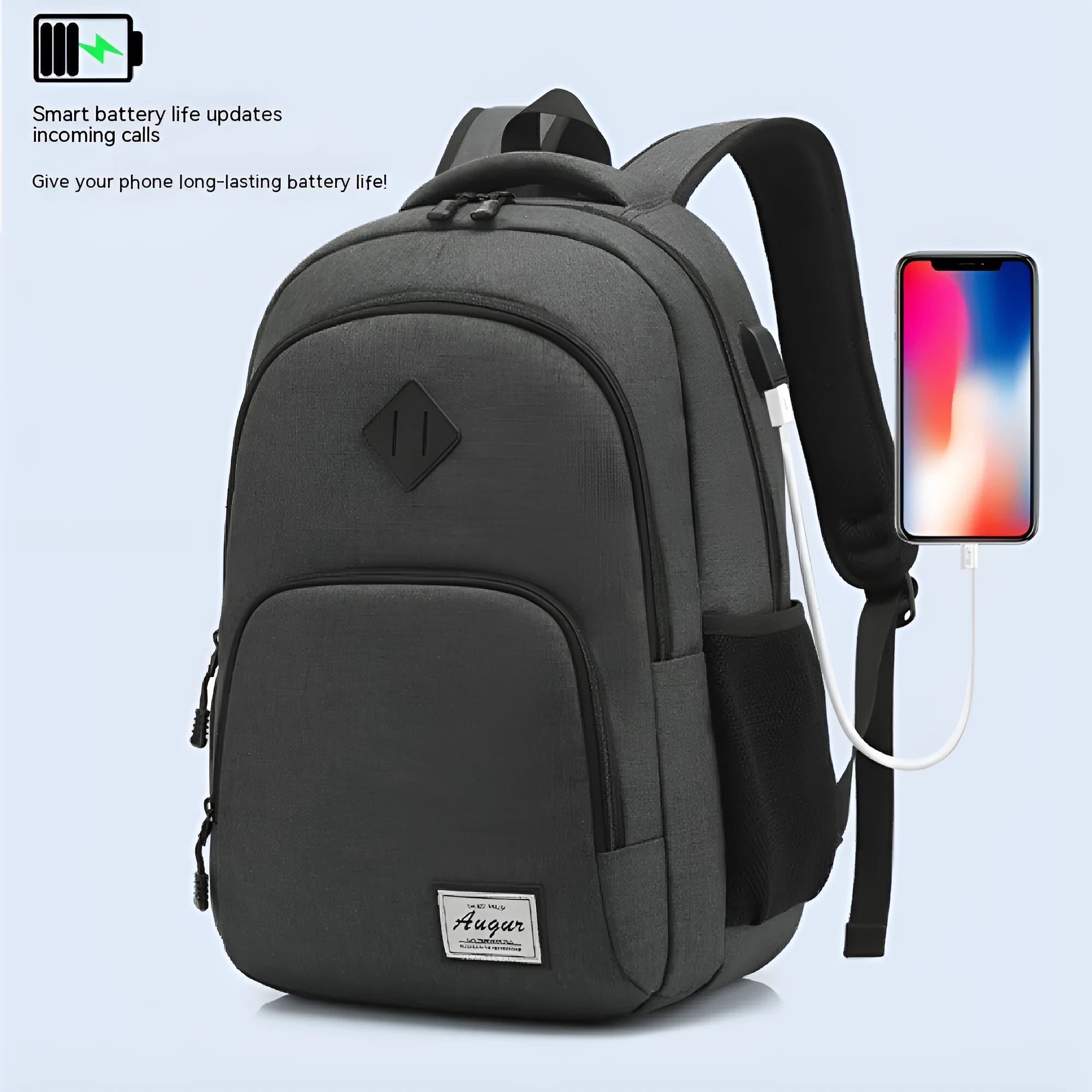 Grey lightweight backpack with USB charging port on strap and trolley sleeve.