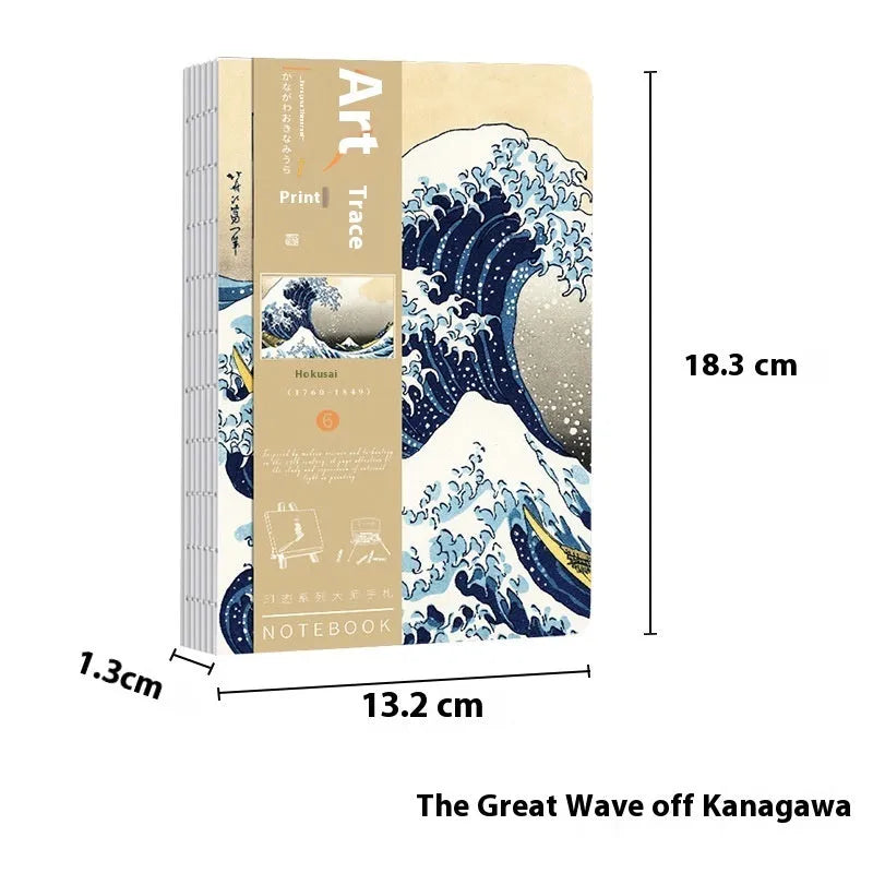 Ukiyo-e art ledger notebook with Kanagawa wave cover design showing dimensions and Daolin paper pages