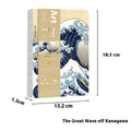 Ukiyo-e art ledger notebook with Kanagawa wave cover design showing dimensions and Daolin paper pages