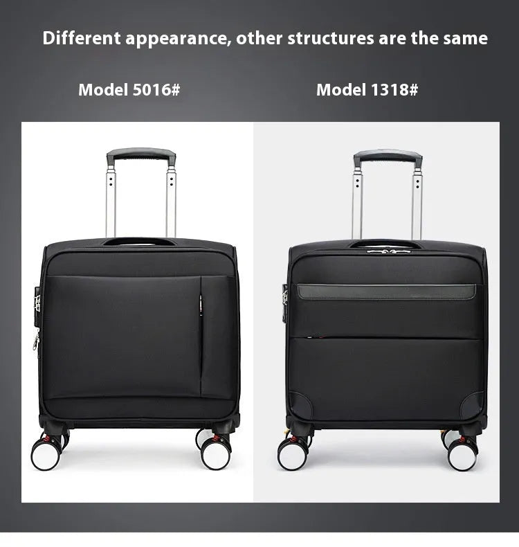 Black 18-inch Oxford cloth carry-on suitcase with universal wheels and retractable handle