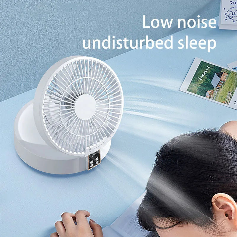 White remote control rechargeable USB folding fan with night light on desk