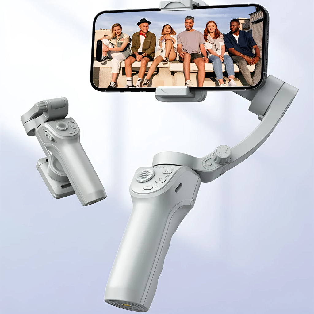 Hand-held three-axis anti-shake stabilizer with AI face tracking and fill light in gray ABS construction