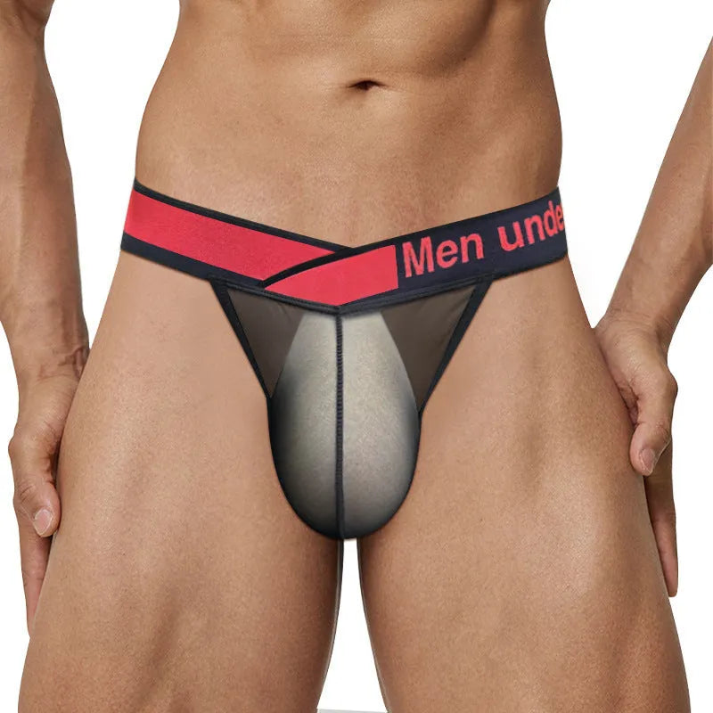 Men's transparent ice silk nylon briefs with large V gradient high fork design in black colour