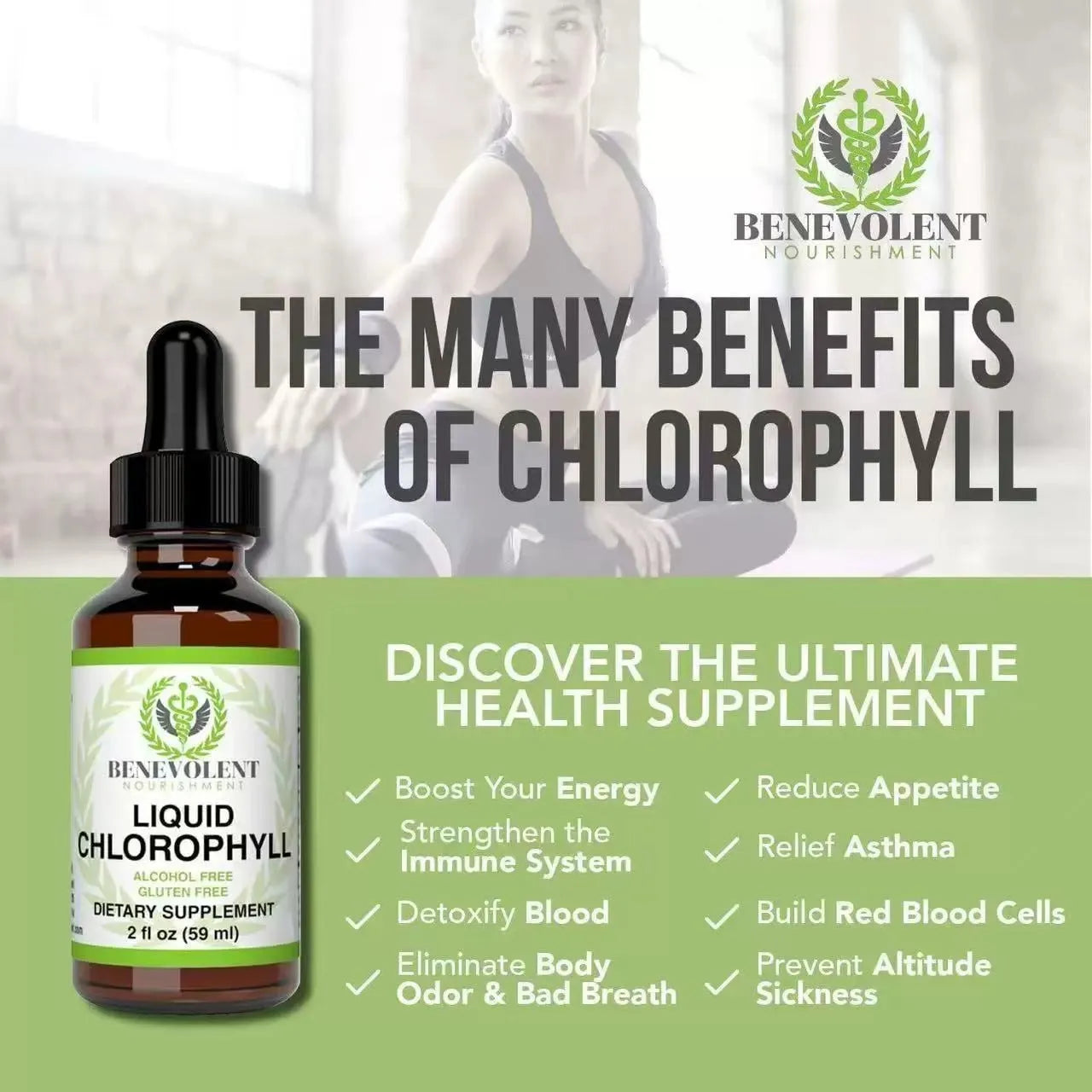 60ml bottle of liquid chlorophyll dietary supplement drops for adult intestinal care.
