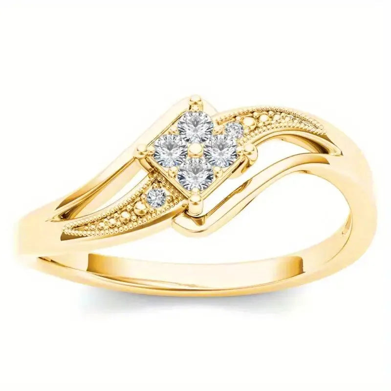 Women's copper diamond-shaped ring with micro-inlaid zircon detailing in yellow gold colour