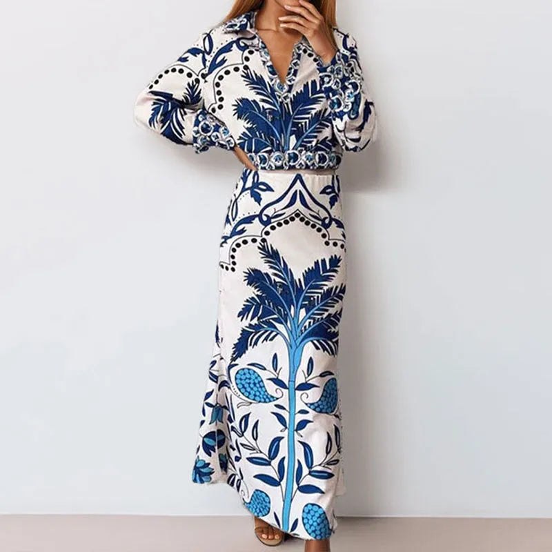 Women's polyester spring co-ord set with long sleeve top and matching long skirt in picture colour
