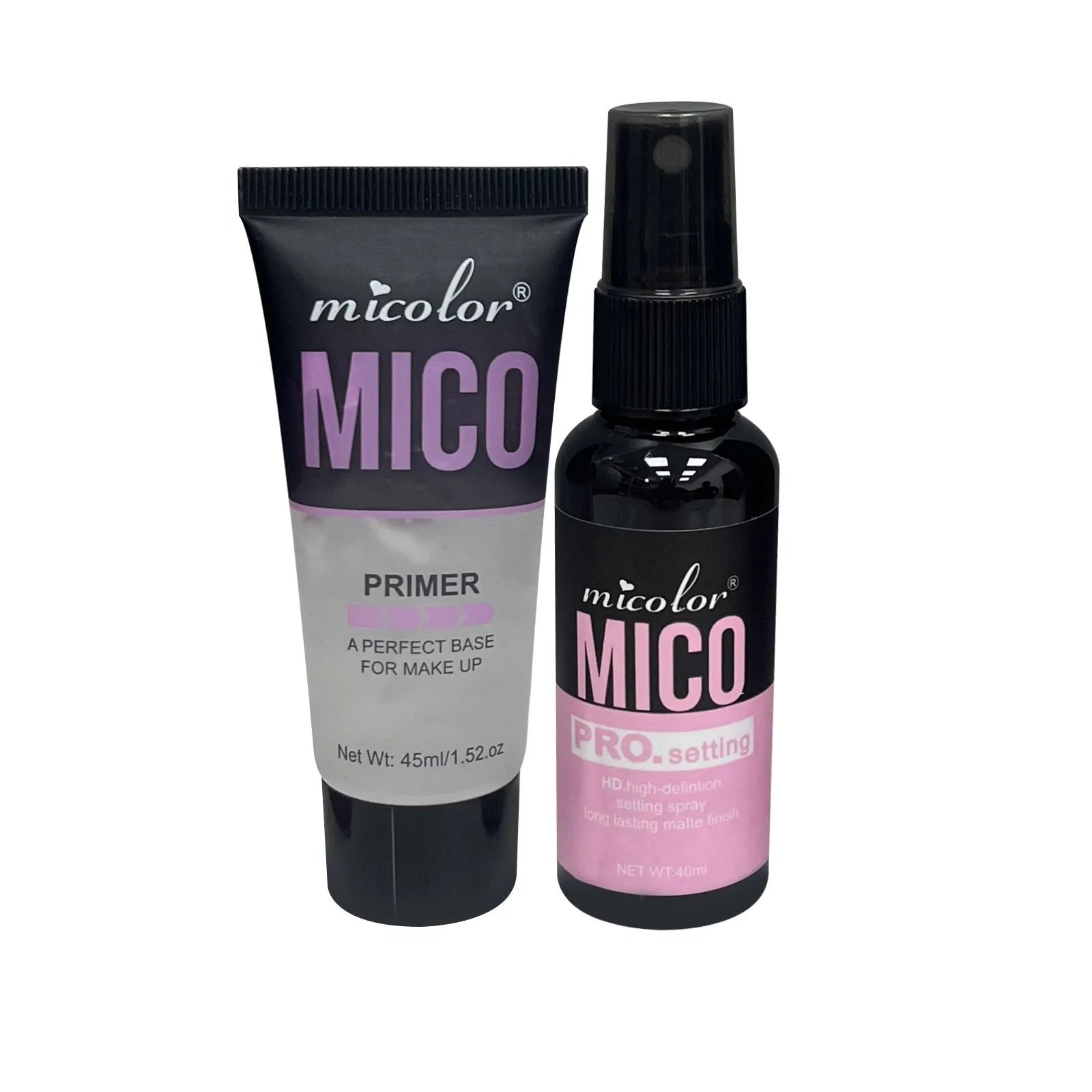 Two cosmetic spray bottles: a 45ml makeup primer and a 40ml makeup setting spray.
