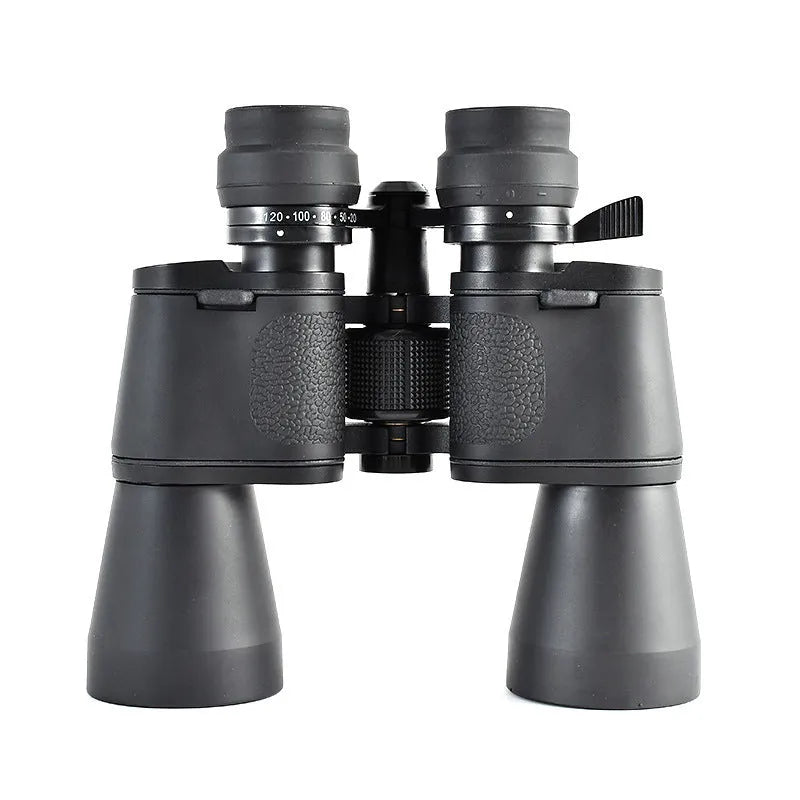 Black outdoor zoom binoculars with large 100mm objective lenses, shown adjusted to high magnification.