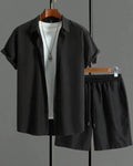 Jacquard fabric short sleeve suit set with matching shorts in a solid colour.