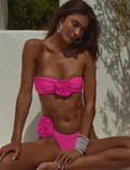 Black and white striped bikini swimsuit with a cross-border tube top and 3D floral split design.