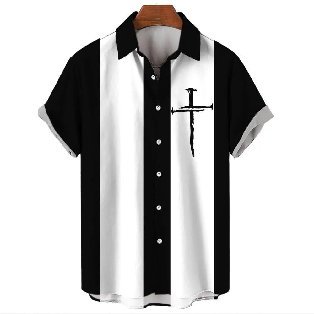 Men's striped Hawaiian shirt cardigan style with short sleeves and button front