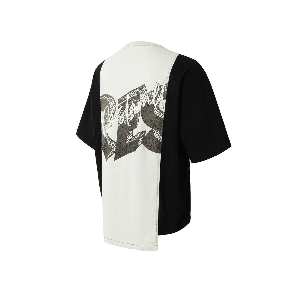 Black and white deconstruction printed collage T-shirt with loose fit street style
