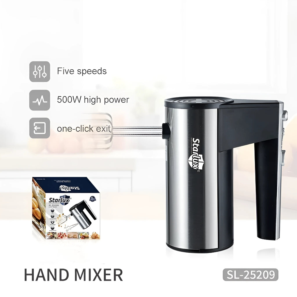SL-25209 model silver household electric handheld mixer with beaters on a kitchen counter.