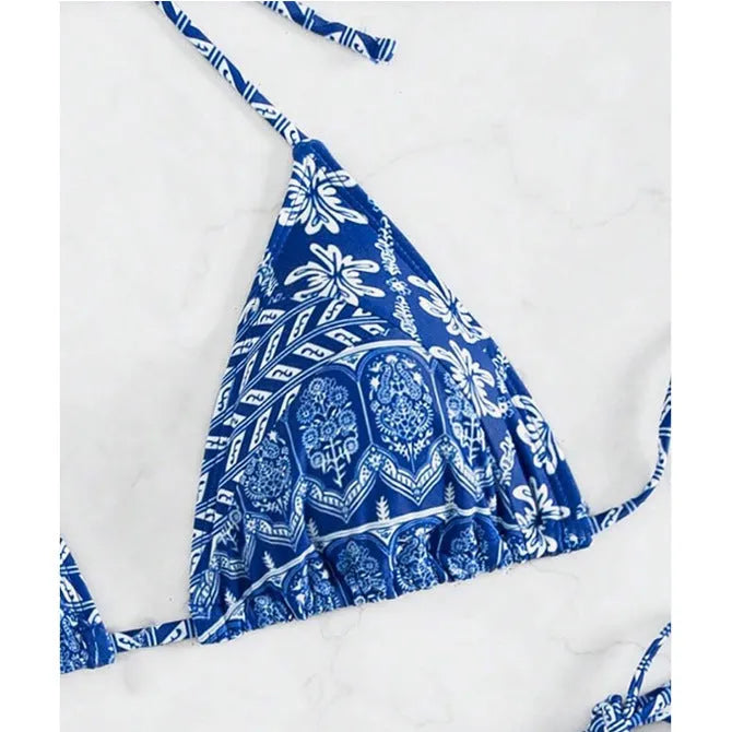 Women's split bikini swimsuit with bandage stitching detail in polyester fabric