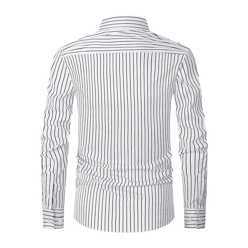 Men's striped business formal long sleeve shirt in polyester blend fabric with slim fit cardigan style
