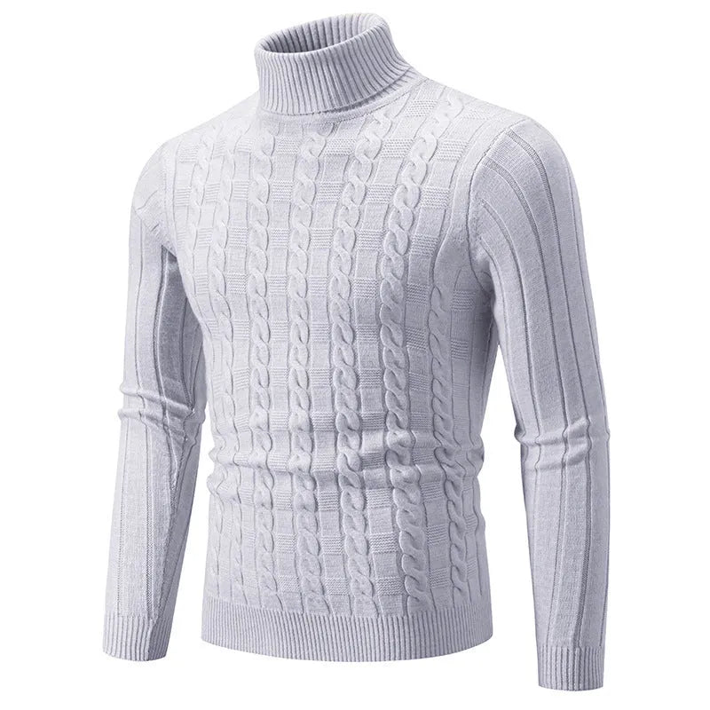 Men's slim fit chenille turtleneck pullover sweater with twist pattern in multiple colour options