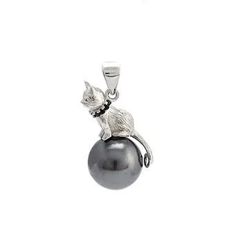 Close-up of a sterling silver cat pendant necklace on a chain with an electroplated finish.