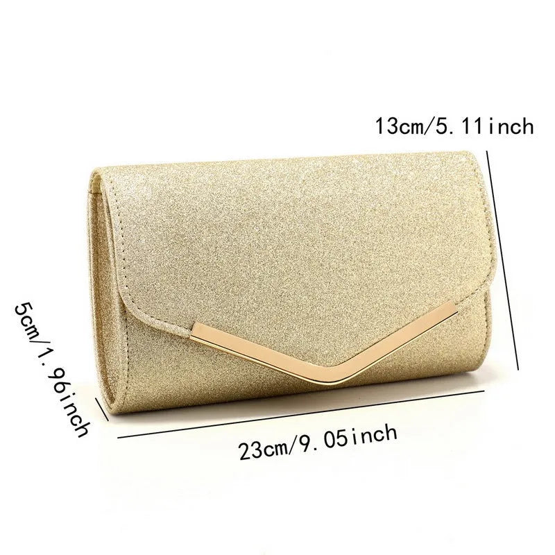 Frosted sequins dinner bag with high-grade metal decoration, horizontal square shape, available in six colours.