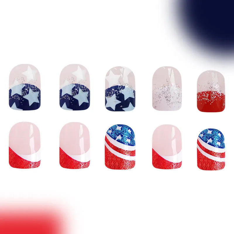 False nails set with red, white, and blue star pattern for Independence Day in European square shape