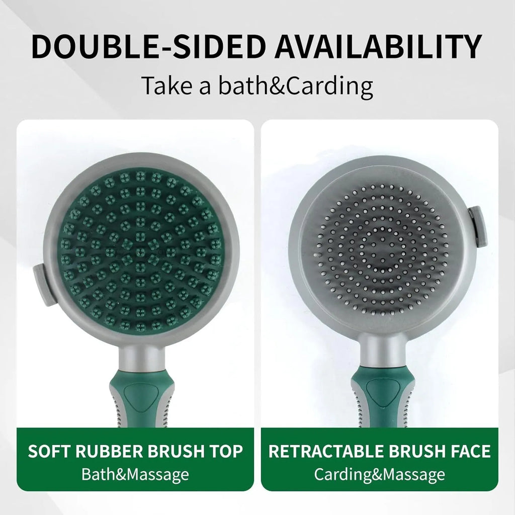 Green and pink dual-sided pet grooming brush with slicker brush and silicone massage pins