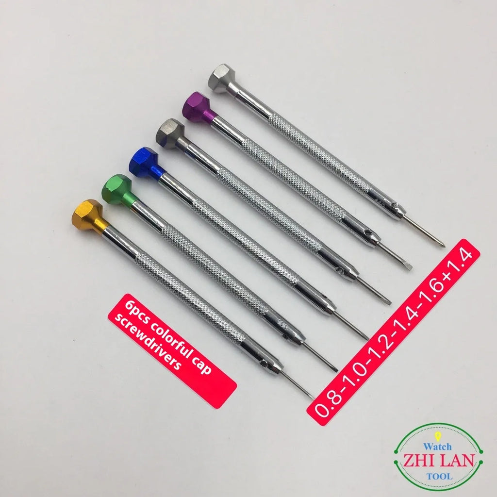 6-piece watch screwdriver set with coloured aluminium handles and spring steel cutter heads for watch repair