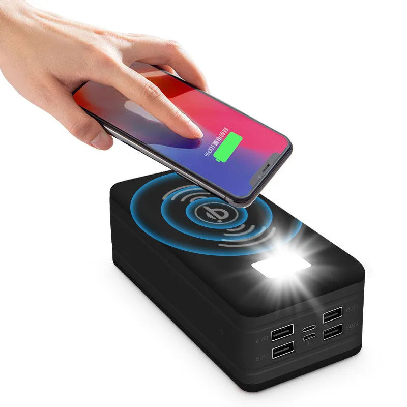 Large capacity solar wireless power bank in black with plastic shell and solar panel on front face