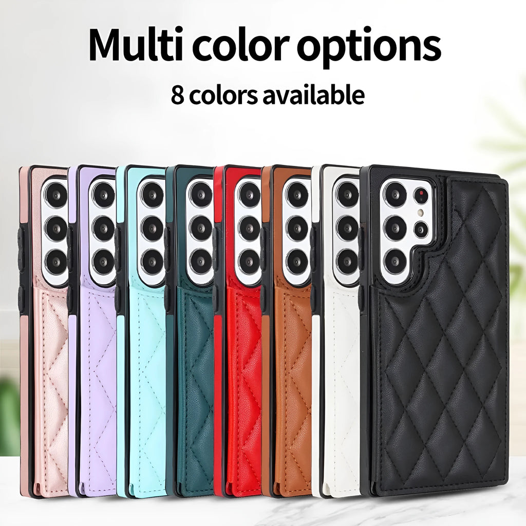 Samsung plaid double buckle phone case with card slots and kickstand, black colour, on white background