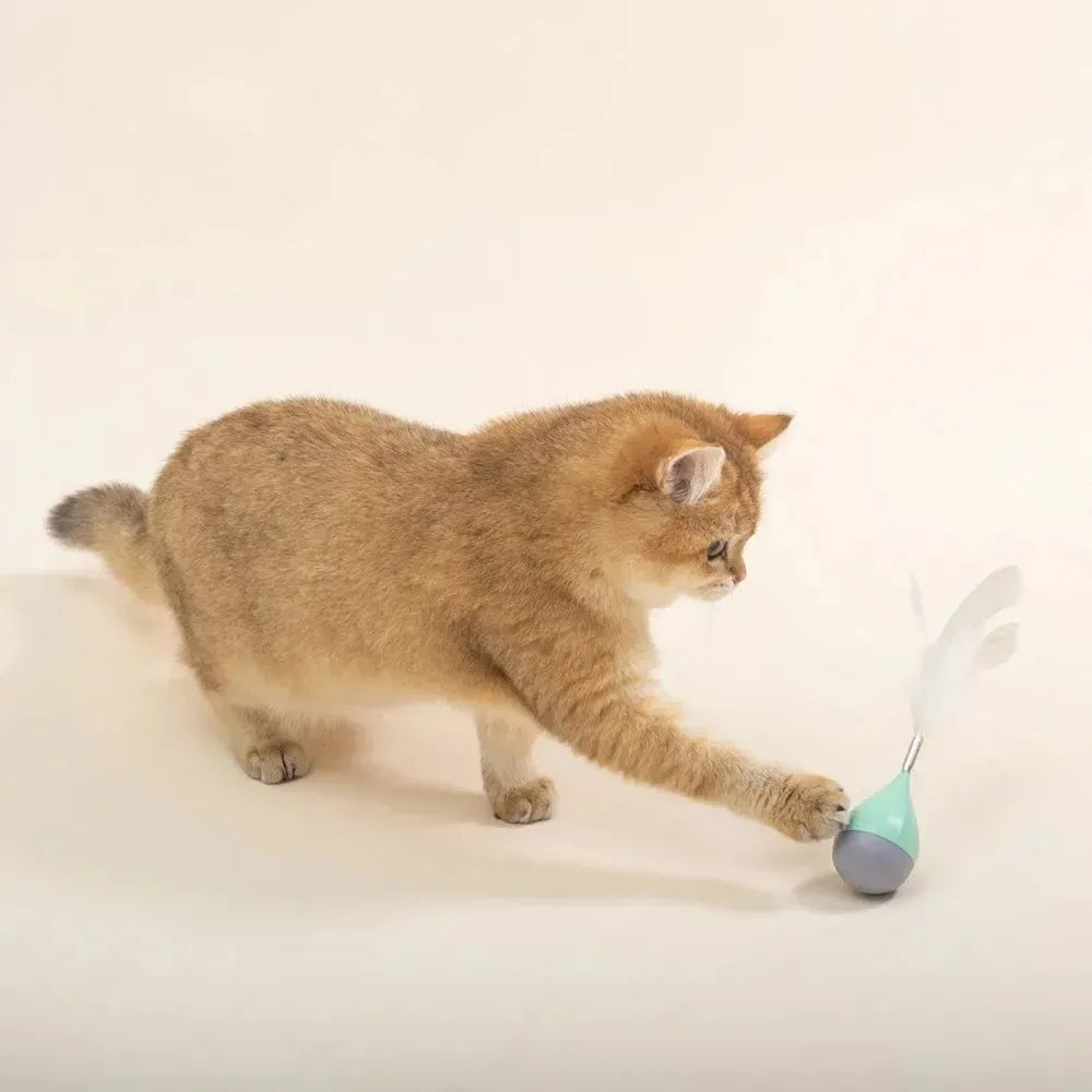 Feather tumbler cat toy with goose feathers, ABS plastic construction and aluminium alloy core