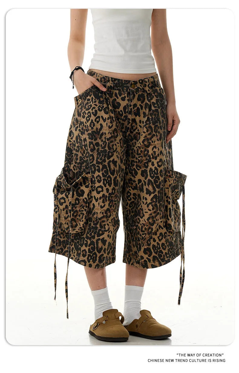 Leopard print high waist loose straight cropped pants on a hanger