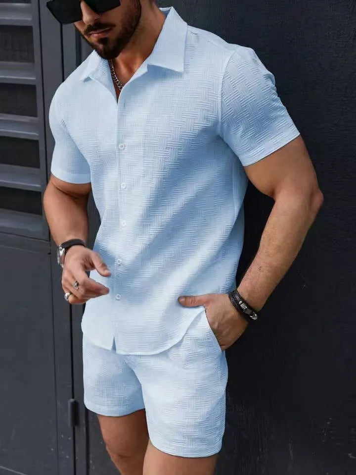 Men's summer two piece set with short sleeve shirt and shorts in cotton blend textured solid, in five colours