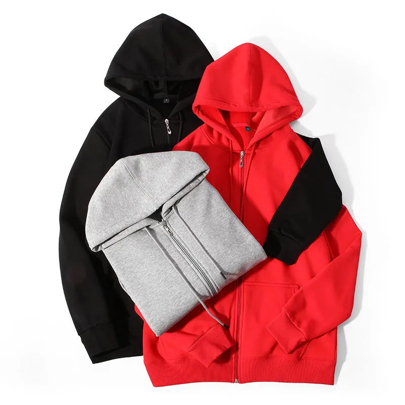 Man wearing a beige plus-size heavyweight hooded zip-up cardigan with top-stitched pockets.