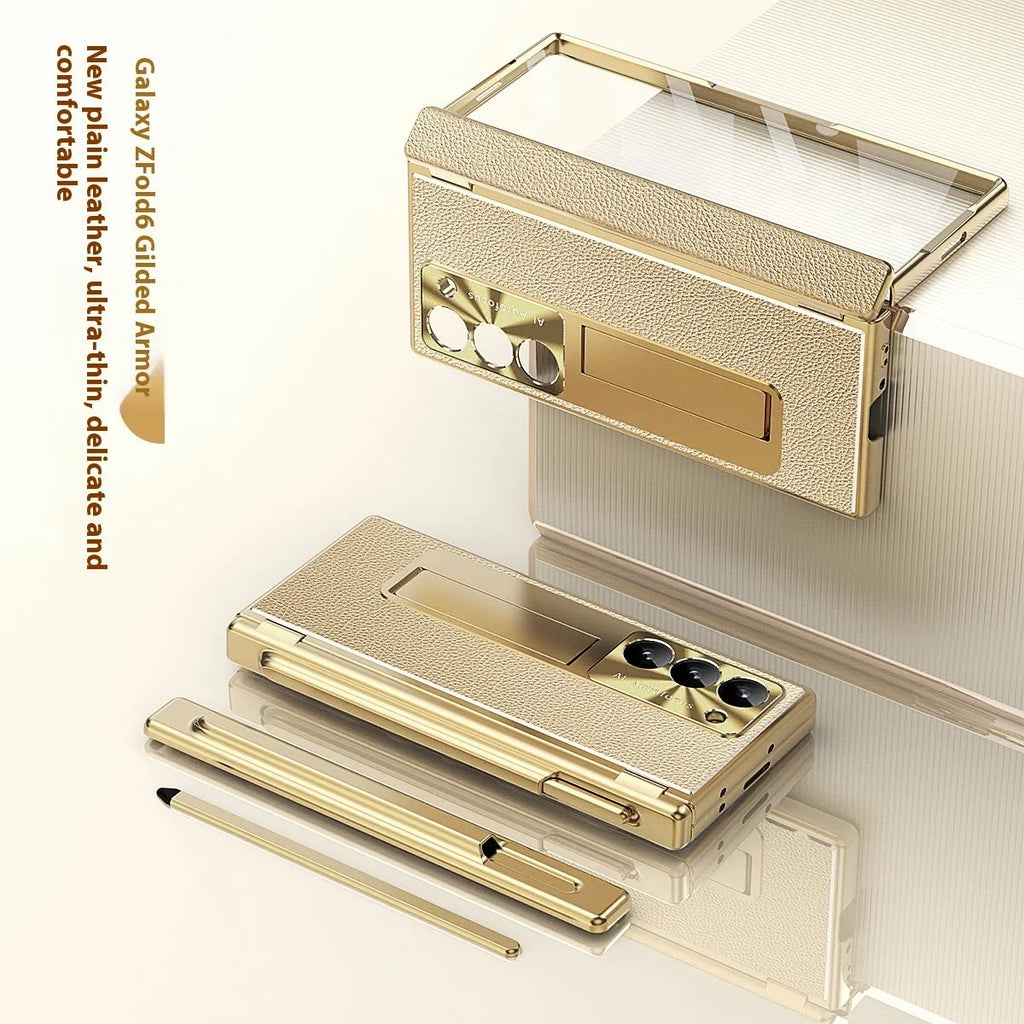 Electroplated imitation leather double hinge phone case for Samsung Z Fold with pen slot and bracket in gold